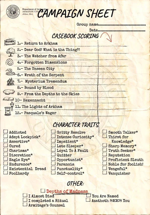 First campaign sheet with checkboxes and character traits