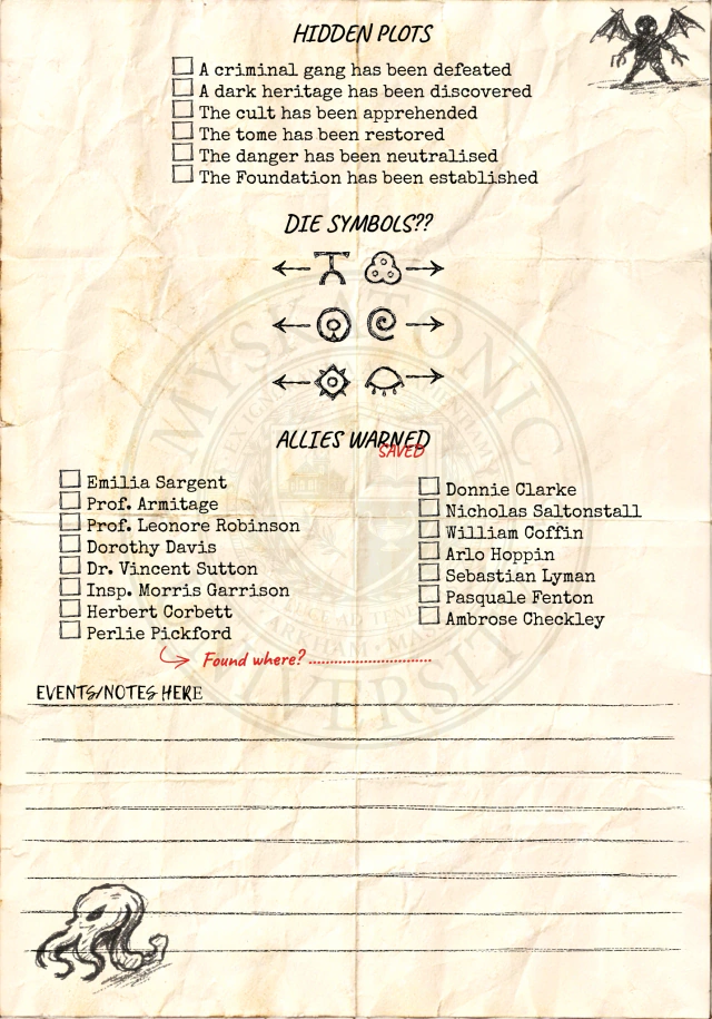 Second campaign sheet with hidden plots, allies and notes, partially visible behind the first