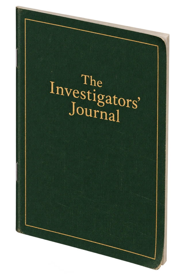 Thin forest-green softcover notebook mockup titled The Investigators’ Journal