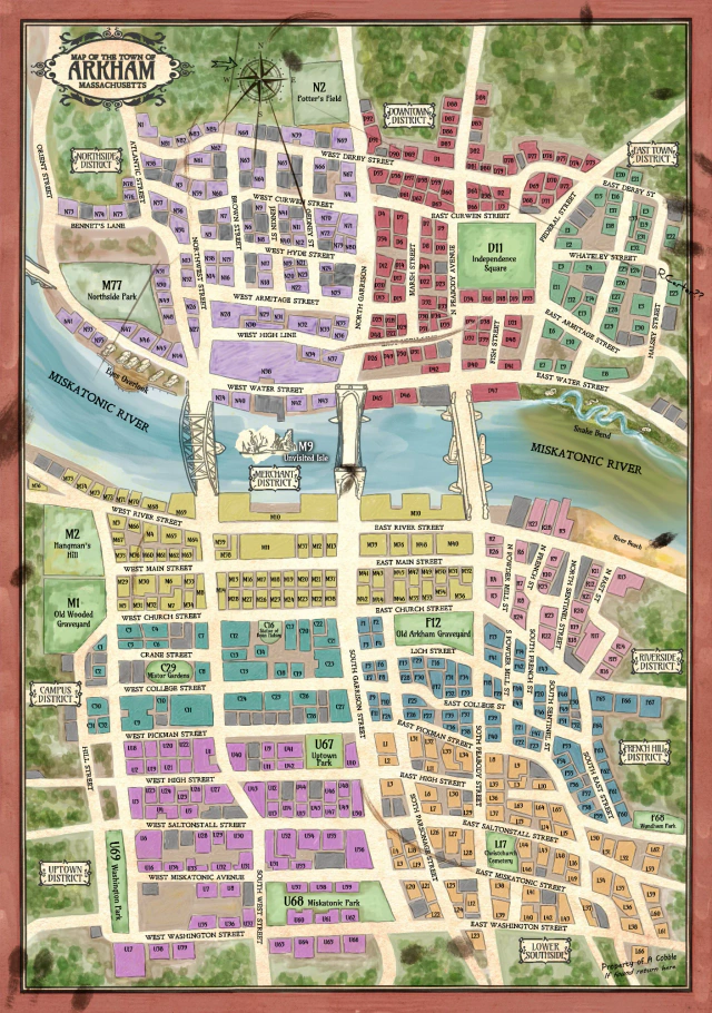 The Arkham map, showing numbered locations across the city’s districts