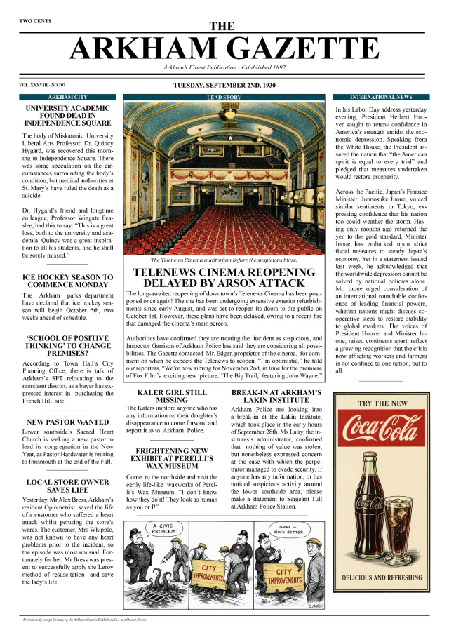 Arkham Gazette front page featuring a cinema reopening, local news and vintage advertisements