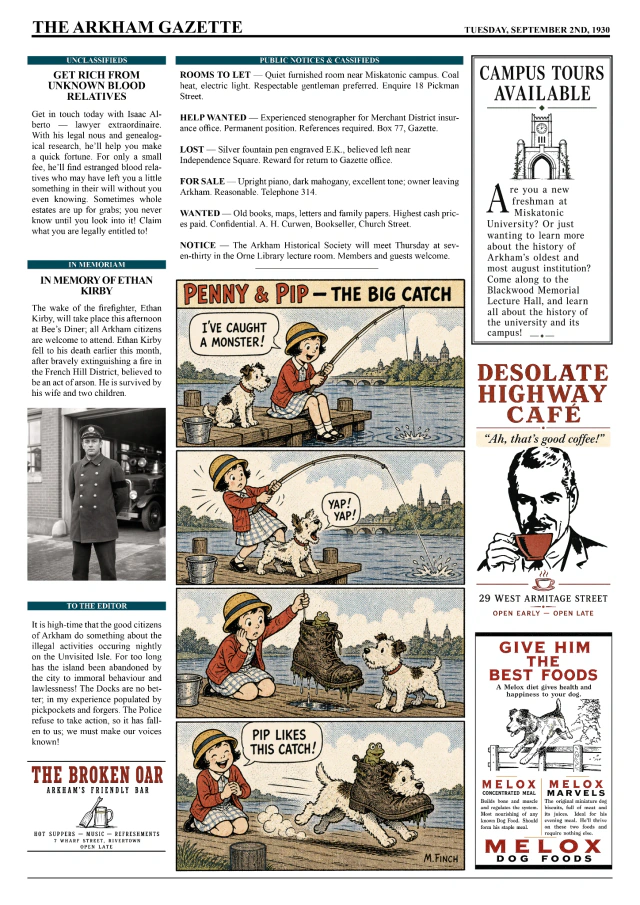 Arkham Gazette second page with classifieds, a Penny and Pip comic strip and local advertisements