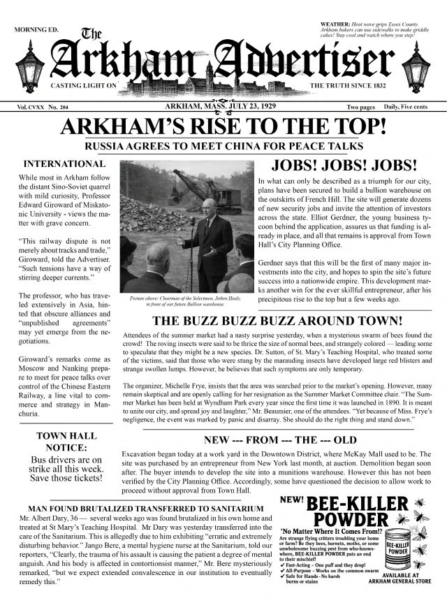 Arkham Advertiser front page featuring Arkham’s Rise to the Top! and local reports