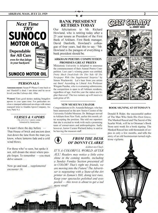 Arkham Advertiser second page with advertisements, poetry, a comic strip and a streetlamp illustration