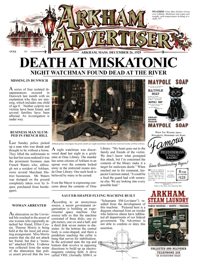 Arkham Advertiser front page featuring Death at Miskatonic beneath an ornate colored masthead
