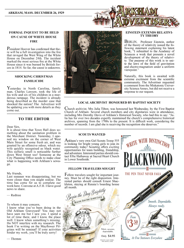 Arkham Advertiser second page with an Einstein photograph, readers’ letters and vintage advertisements