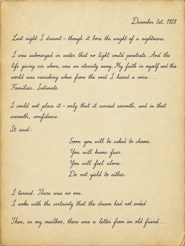 Handwritten journal entry dated December 1st, 1928, describing a troubling dream and a letter from an old friend