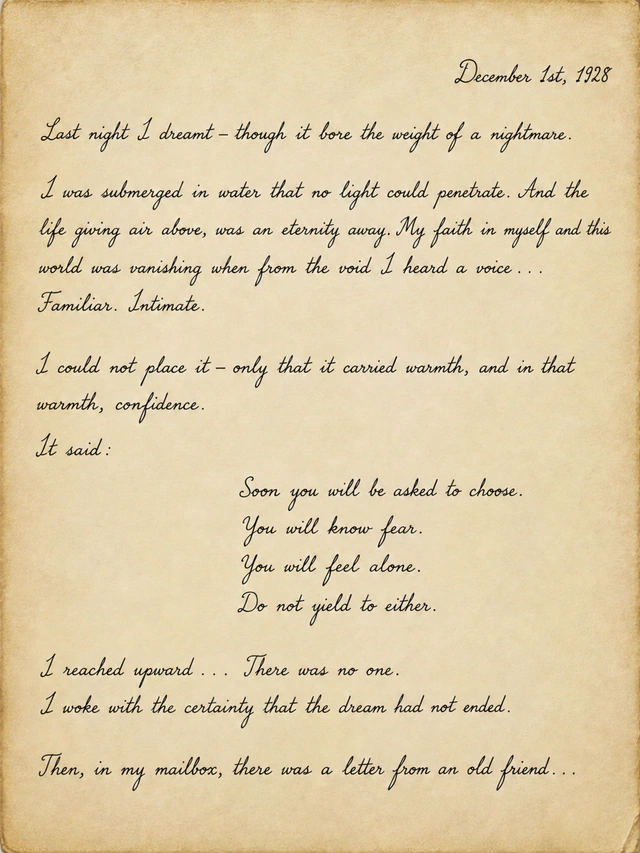 Handwritten journal entry dated December 1st, 1928, describing a troubling dream and a letter from an old friend