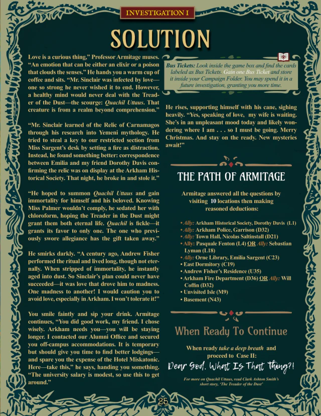 Return to Arkham interior page 25, showing the casebook’s text and graphic layout