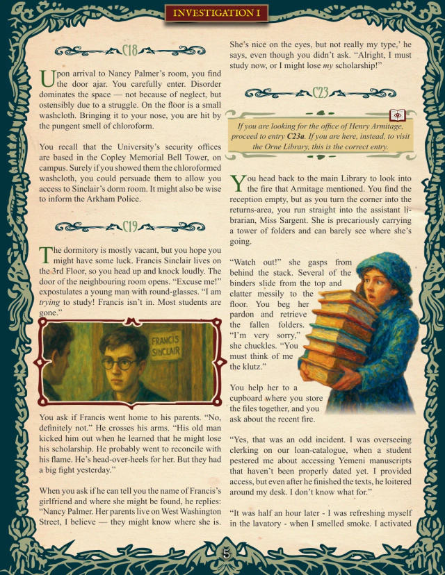 Return to Arkham interior page 5, showing the casebook’s text and graphic layout
