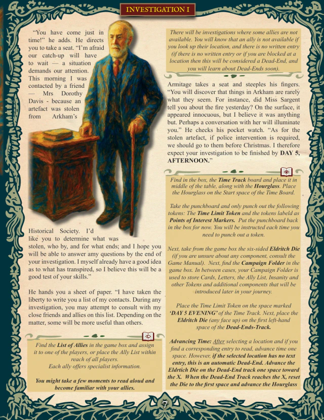 Return to Arkham interior page 7, showing the casebook’s text and graphic layout