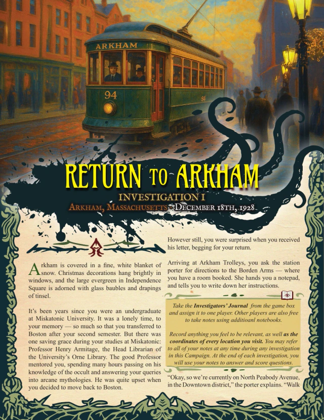 The first page of Return to Arkham: arrival by trolley and an instruction panel introducing the Investigators’ Journal