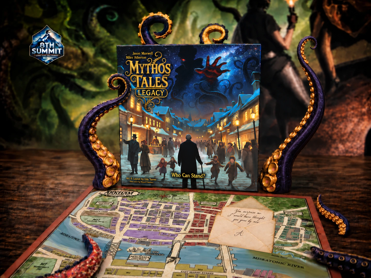 Mythos Tales: Legacy game box above the Arkham map, with an opened envelope marked A resting beneath it and a glimpse of a handwritten letter