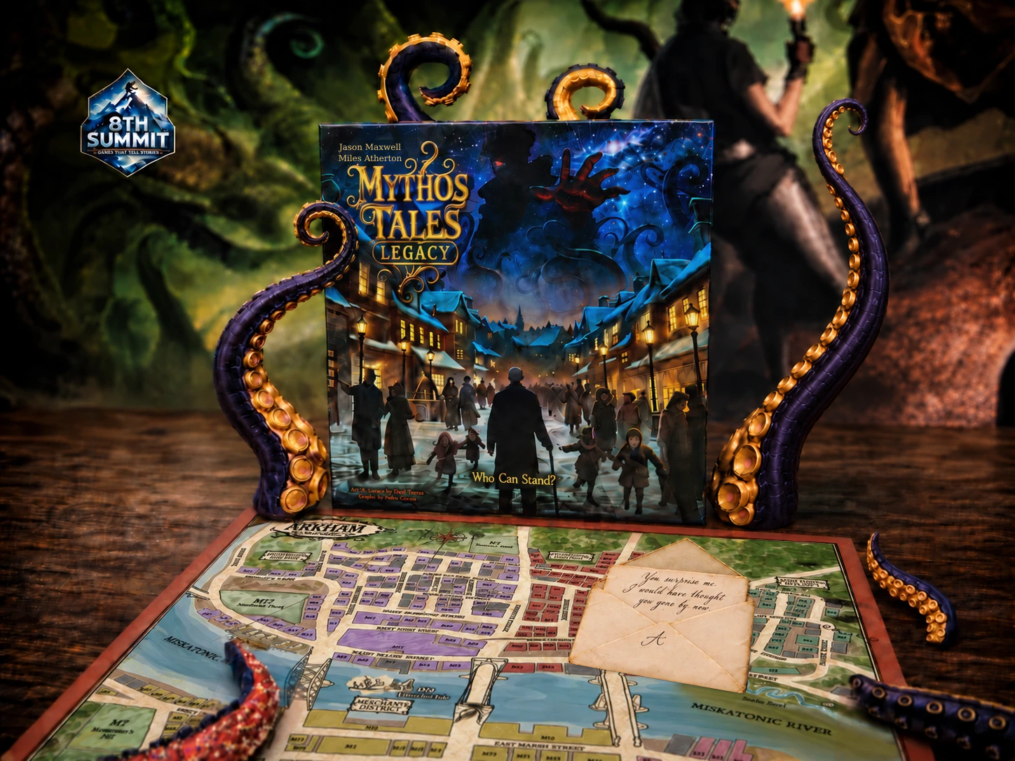 Mythos Tales: Legacy game box above the Arkham map, with an opened envelope marked A resting beneath it and a glimpse of a handwritten letter